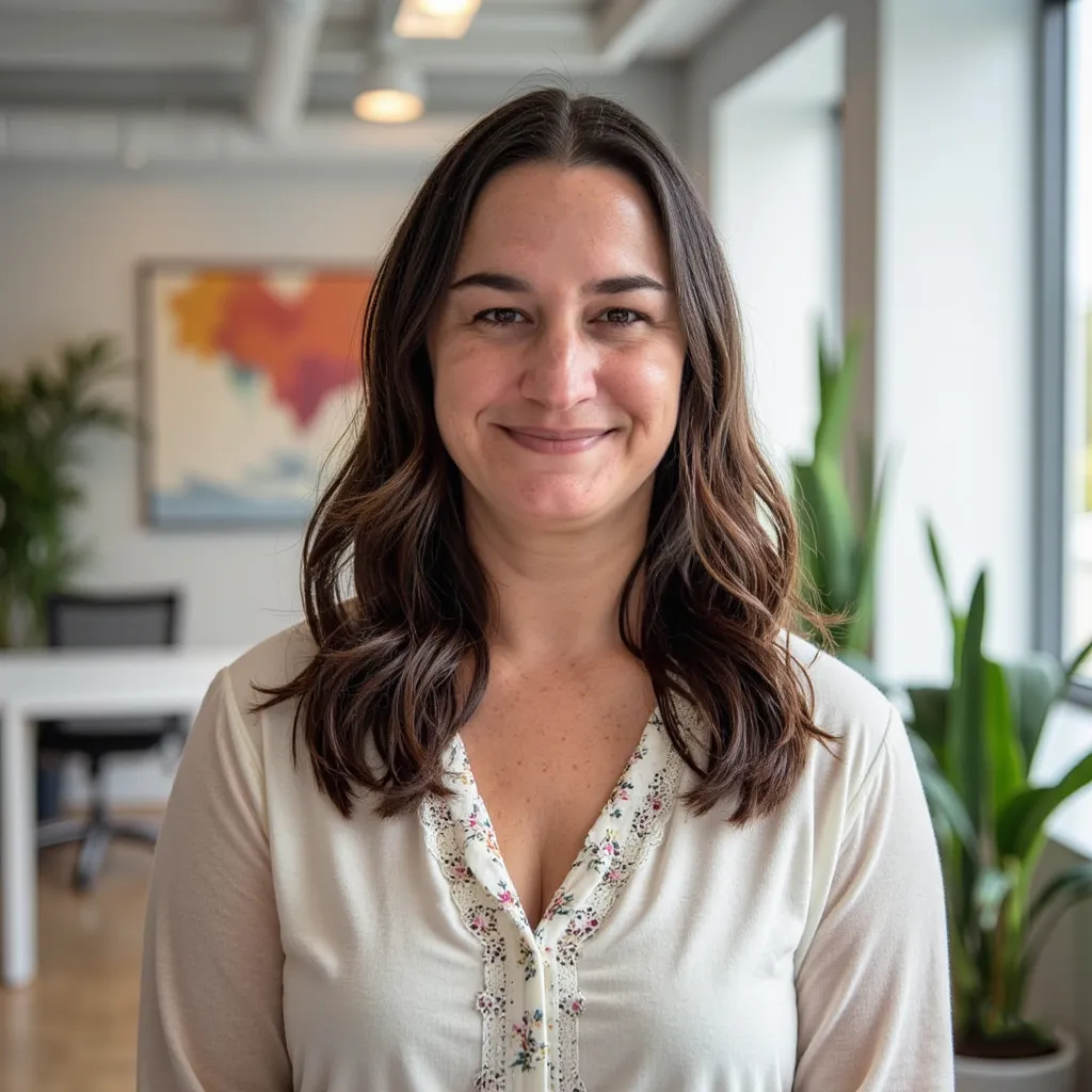 Dr. Sarah Young smiling indoors wearing a white top, with plants and artwork softly visible in the background.